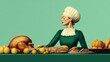 © starush - A woman in vintage attire prepares a feast with turkey, pie, and pumpkins, AI