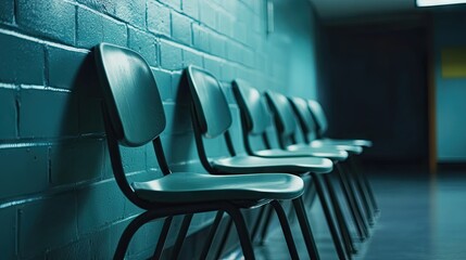 Sticker - Minimalist View of Abandoned Chairs in a Dimly Lit Corridor