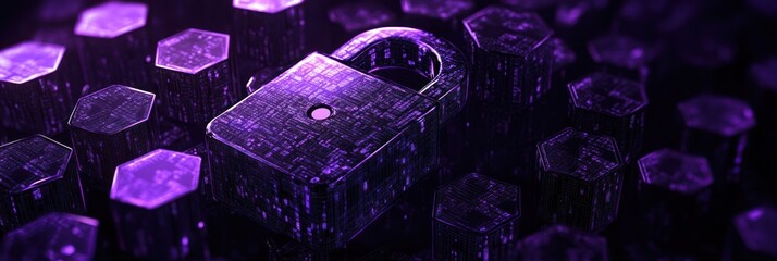 Poster - A digital padlock surrounded by hexagonal shapes, representing cybersecurity and data protection.
