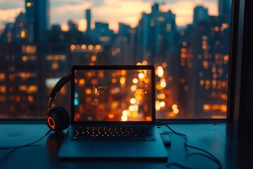 Fototapete - workplace with headphones and laptop in the evening copy space 