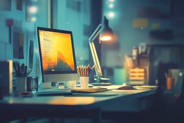 Fototapete - Workspace blur room business illustration modern design technology creative collaboration
