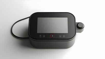 Compact black digital device with screen and control buttons on white background.