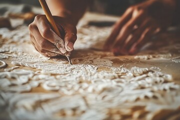 Poster - Close-up of a hand using a tool to create intricate designs in white powder on a wooden surface.