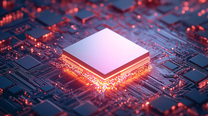 Poster - Modern central processing unit processing data on a futuristic motherboard glowing red and orange
