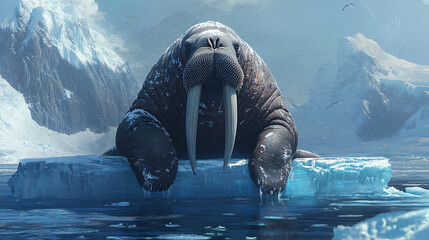 Aufkleber - Majestic walrus resting on an ice floe in a frigid arctic landscape, showcasing its imposing tusks and powerful presence