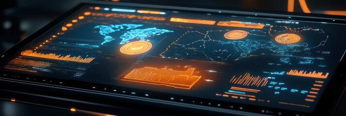 Poster - Futuristic interface with graphs and data on a digital screen.