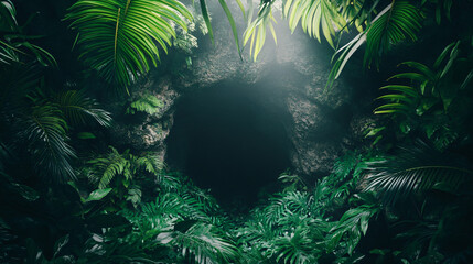Poster - The dense jungle foliage is illuminated by sunlight, revealing the entrance to a mysterious, dark cave