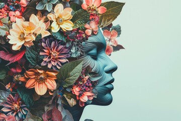 Poster - Womanâ€™s face surrounded by vibrant flowers and leaves, representing nature and beauty in a harmonious blend of colors. Concept of femininity and floral art.