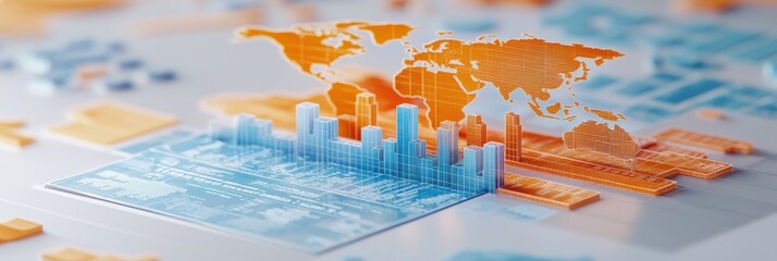 Poster - Abstract world map and blue and orange bar charts.