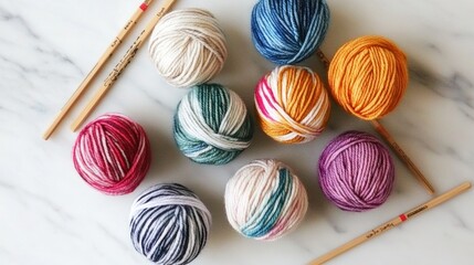 Fototapete - Colorful Yarn Balls Arranged with Wooden Knitting Needles
