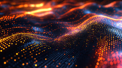 Poster - Dynamic wave patterns with glowing particles on abstract background, perfect for technology, science, and innovation themes