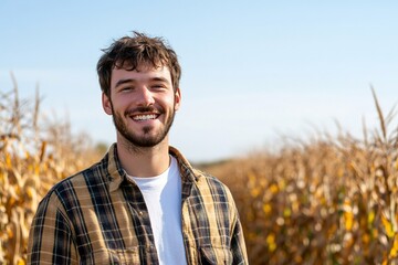 Wall Mural - A smiling young man stands in a cornfield under a clear sky.