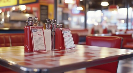 A red checkered table in a retro diner with salt and pepper shakers and red booths in the background.