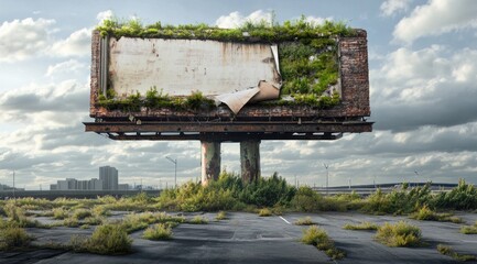 Poster - An abandoned billboard overgrown with plants in a deserted urban landscape.