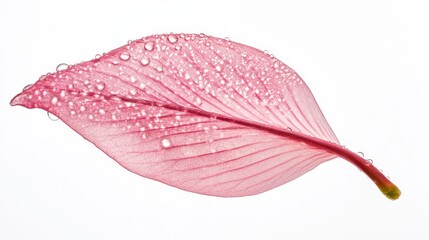 Poster - A single pink leaf with water droplets on a white background.
