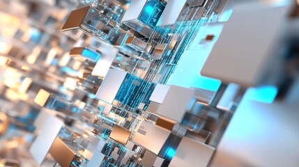 Aufkleber - Abstract 3D rendering of a futuristic metallic and glass structure with glowing blue lines.