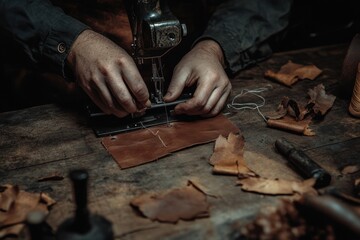 Poster - Close-up of a craftsman's hands sewing leather with a vintage sewing machine.