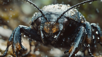 Poster - Close-up of a wet darkling beetle perched on a branch, highlighting its intricate details and glistening exoskeleton after the rain
