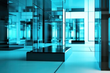 Aufkleber - Abstract blue mirrored room with reflections and futuristic architecture.