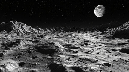Poster - Nighttime view of grey moon surface with craters, mountains, stars, and distant planet in the sky