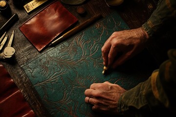 Poster - A craftsman embossing intricate designs on leather with tools on a wooden workspace.