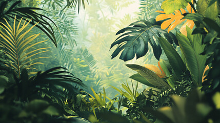 Poster - Lush, sunny jungle with vibrant and exotic tropical plant growth
