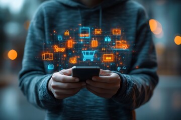 smart retail technology and omnichannel concept. a person touching retail marketing icon on the virt