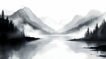 Wall Mural - Misty Mountain Lake Illustration