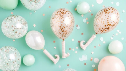 Aufkleber - Gold confetti balloons with holders on a mint green background with confetti.