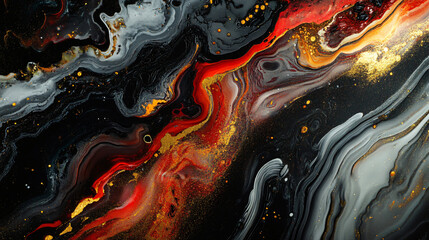 Poster - Mesmerizing abstract design created with gold, red, black, and white pigments in fluid art painting