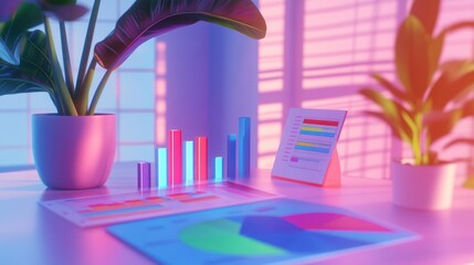 Poster - Colorful charts and graphs on a desk with plants and soft lighting.