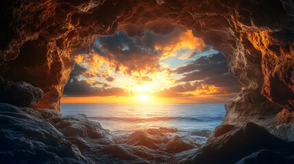 Poster - Breathtaking natural scene: a stunning ocean sunset captured from inside a rocky cave