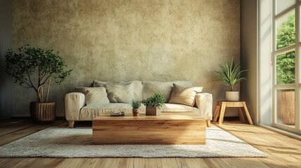 Poster - Stylish living room with a comfortable sofa, potted plants, and a wooden coffee table basking in sunlight on a soft rug