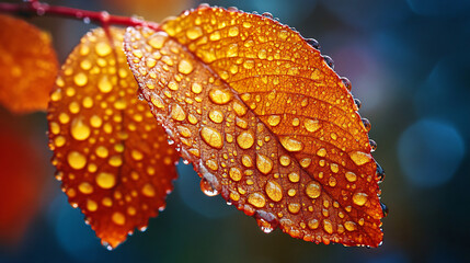 Poster - Glistening dew drops enhance the beauty of vibrant orange autumn leaves against a blurred background