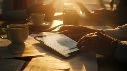 Aufkleber - A person using a tablet amidst coffee and paperwork in a sunlit workspace.