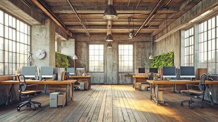 Poster - Modern industrial office space with wood floors and large windows.