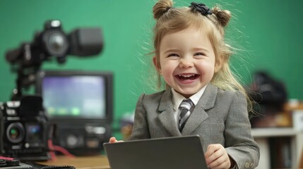 Aufkleber - A joyful child in a suit laughing while using a tablet, with cameras in the background.