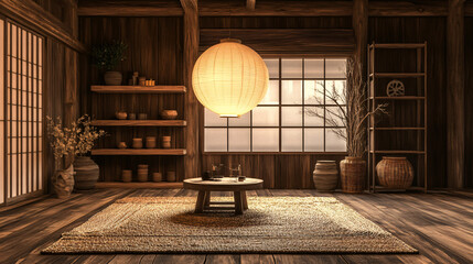 Canvas Print - Minimal japanese style room with tatami mat, wooden furniture, and paper lamp interior design