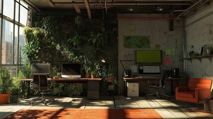 Poster - A modern office space filled with plants and natural light, promoting a calming work environment.