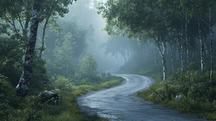 Poster - Serene and mysterious atmosphere created by a mist-covered dense forest with a winding paved road