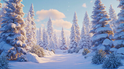 Aufkleber - Snow covered pine trees and bushes creating a winter wonderland in a forest at sunset