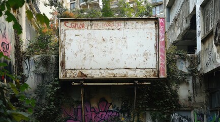Poster - An abandoned billboard covered in graffiti and surrounded by overgrown plants.