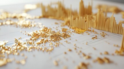 Poster - Golden bars and scattered gold flakes on a white gridded surface, suggesting financial success and wealth.