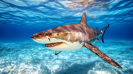 Aufkleber - Tiger shark gracefully glides through clear blue waters, showcasing its power and size in a captivating underwater scene