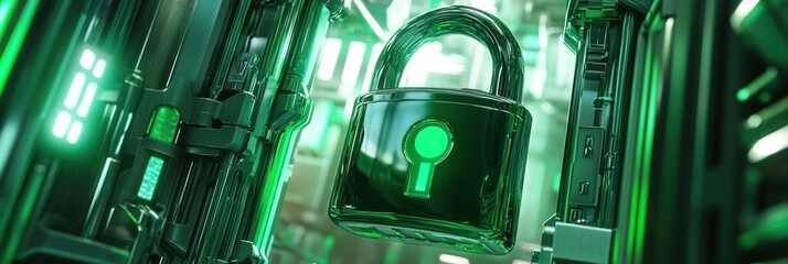 Poster - Futuristic green padlock with glowing keyhole in a digital environment.