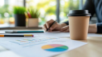 Poster - A workspace scene featuring a coffee cup, charts, and a person taking notes.