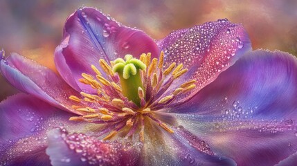 Fototapete - A close-up view of a vibrant flower with dew drops, showcasing its intricate details.