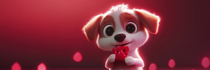 Poster - A cute animated puppy holding a red heart against a soft pink background.
