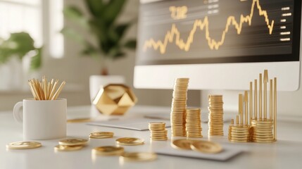 Poster - A modern workspace featuring gold coins, financial charts, and decorative elements.