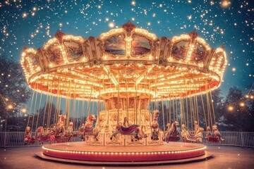 Aufkleber - A beautifully lit carousel with ornate horses, creating a whimsical and nostalgic atmosphere.